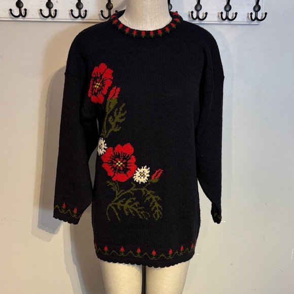 Vintage Sweaters - Vintage Floral Embroidered Black Wool Sweater size Medium